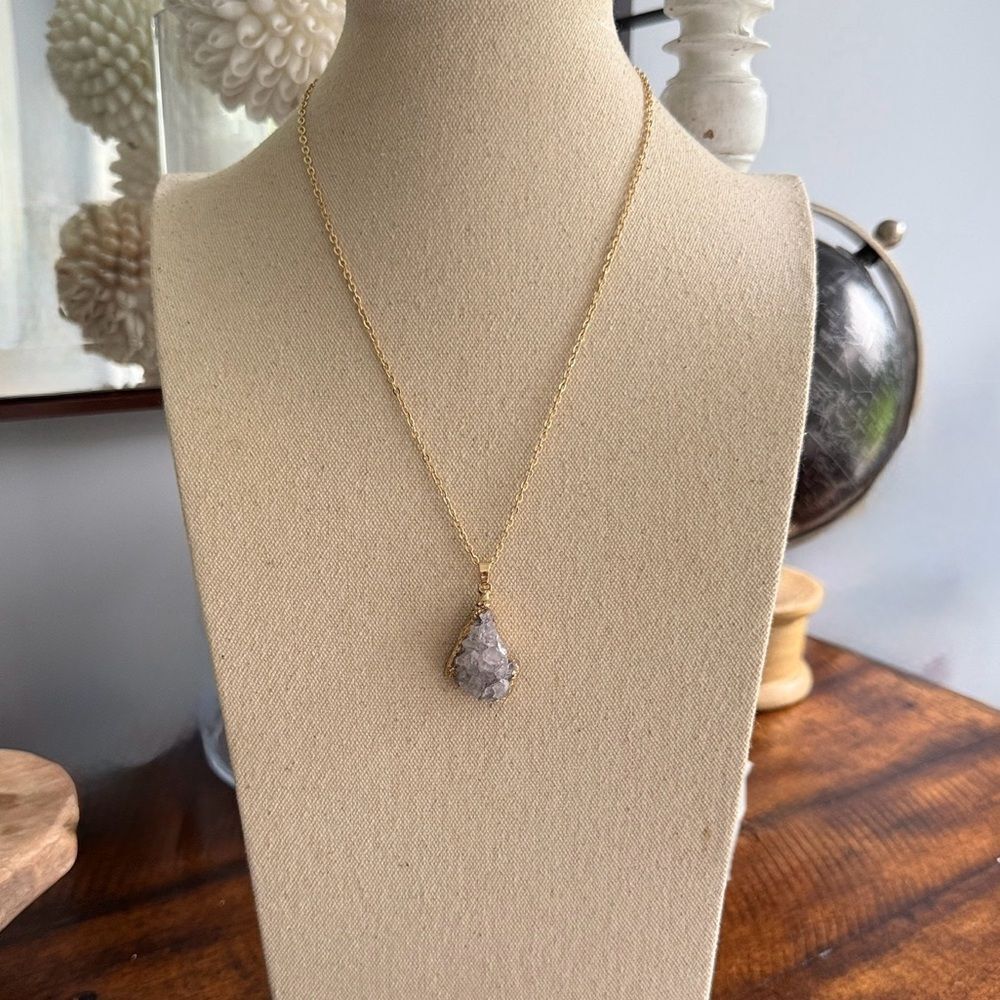 Grey Druzy Quartz Pendant Necklace - Rough Crystal Nugget with Gilded Edge
